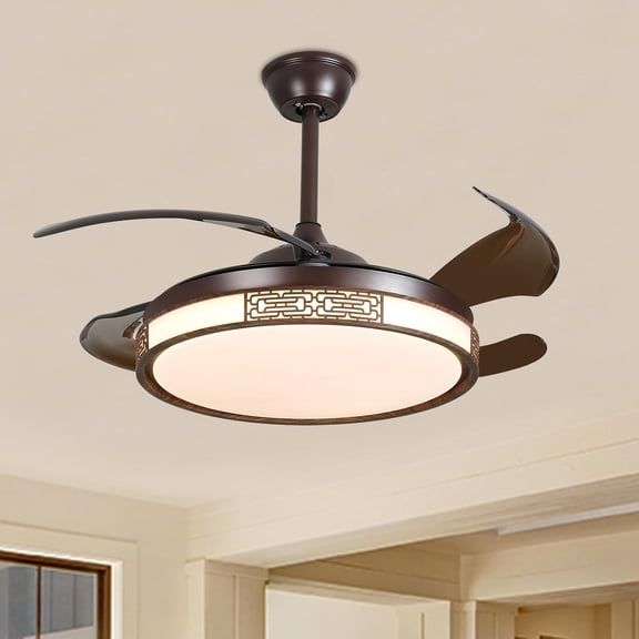 Retractable Ceiling Fan with Light and Controller, 42" Vintage Fandelier Ceiling Fan with 3 Light Color ,6 Speed,Timing, Chinese Style for Bedroom Dining Room (Coffee)