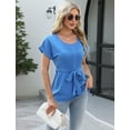 thumbnail image 5 of IWEMEK Womens Blouse Round Neck Fancy Pleated Blouses Casual Dressy Roll Short Sleeve Tops Loose Fitting Blue Pullover, 5 of 6