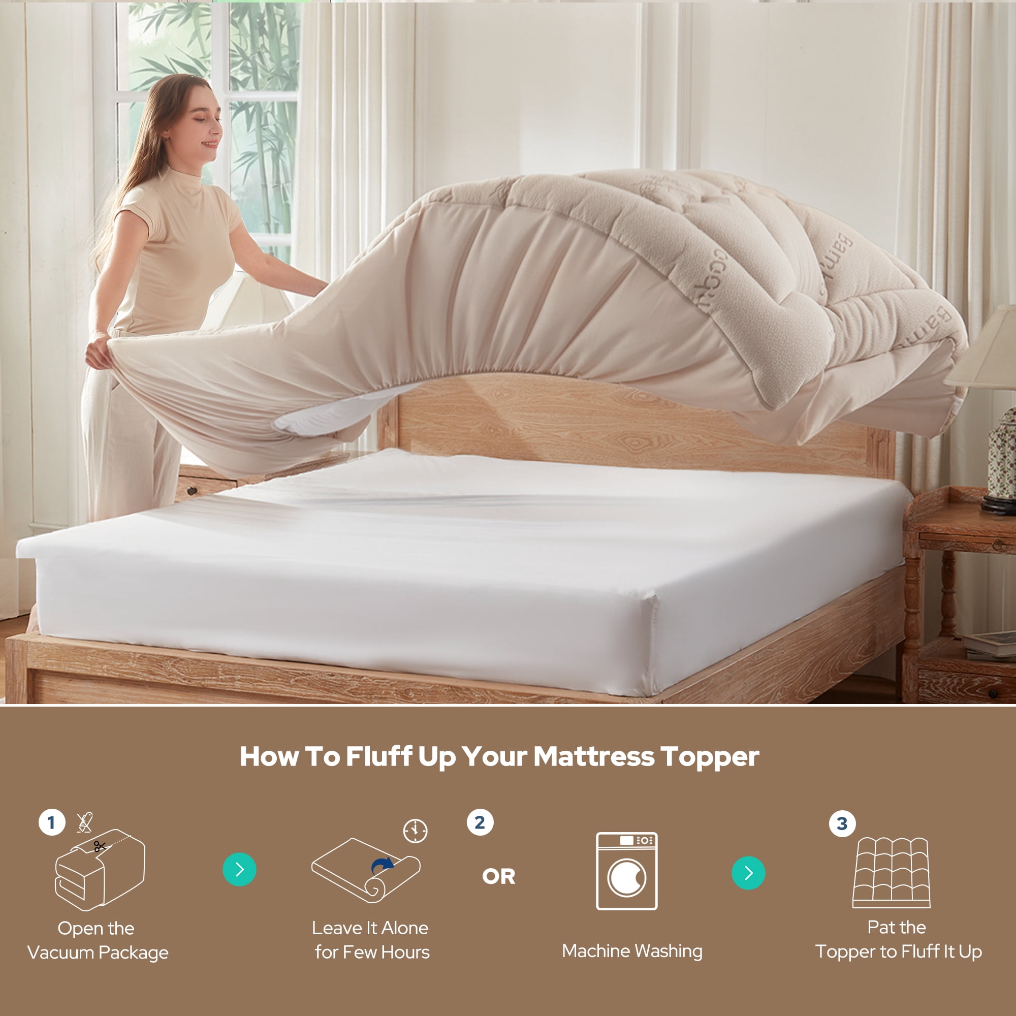 BEDLORE Twin Mattress Topper, Bamboo Pillow Top Pad for Back Pain Relief, Thick Soft Mattress Cover with Deep Pockets 6-15 inch(Beige)