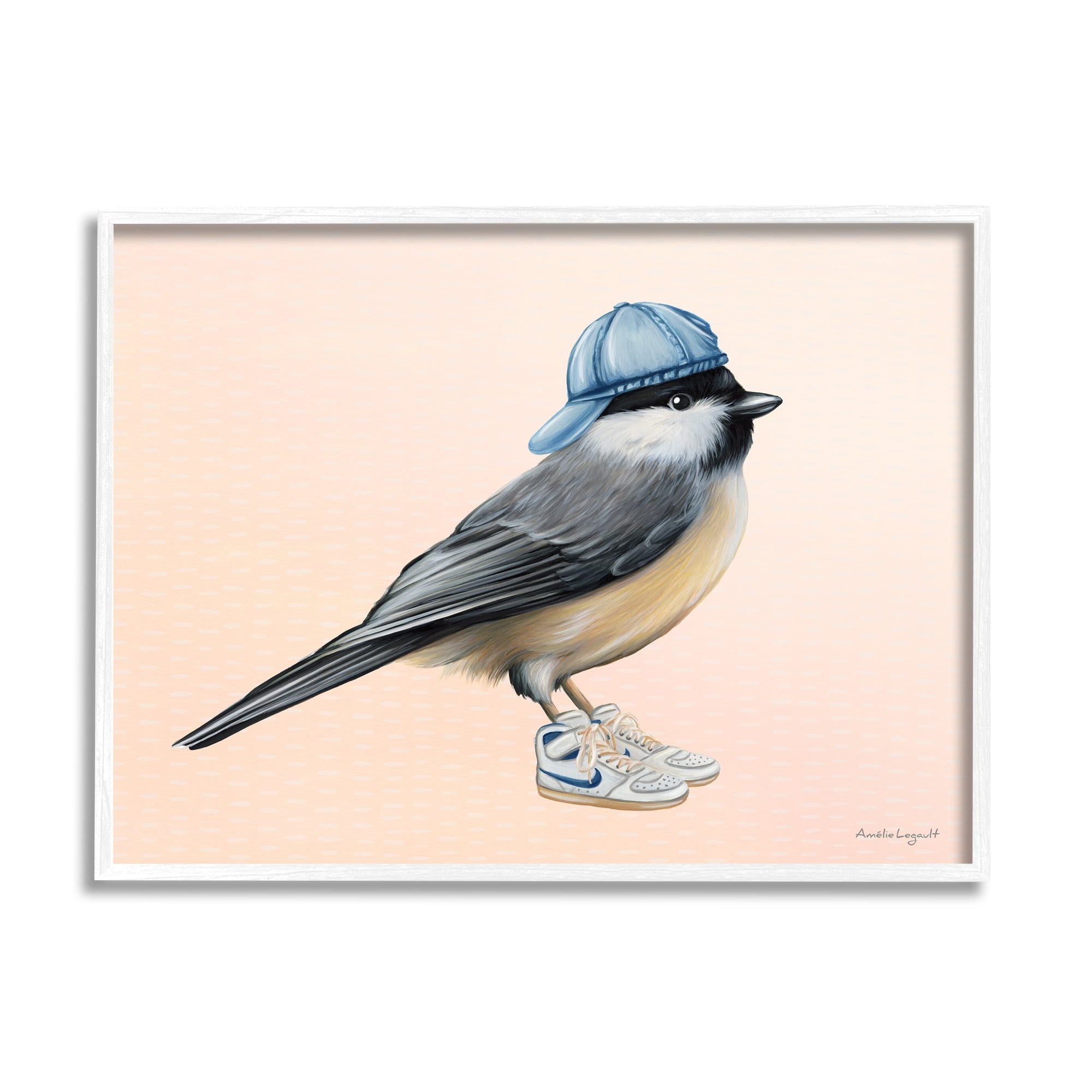Stupell Industries Hip Chickadee Bird Backwards Hat Trendy Sneakers Graphic Art White Framed Art Print Wall Art, Design by Amelie Legault