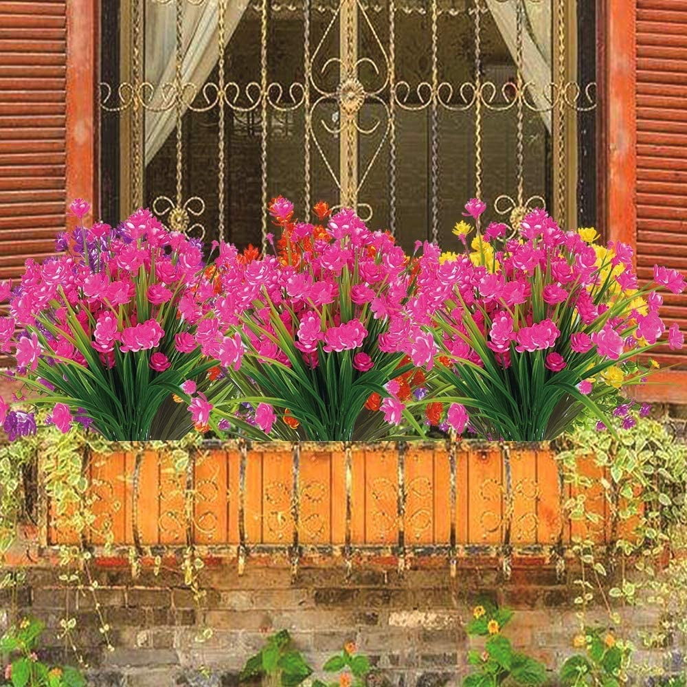 Sinhoon 16 Bundles Fake Artificial Flowers Outdoor for Decoration UV Resistant No Fade Faux Plastic Plants Garden Porch Window Box Décor Kitchen Office Table Vase(Pink)
