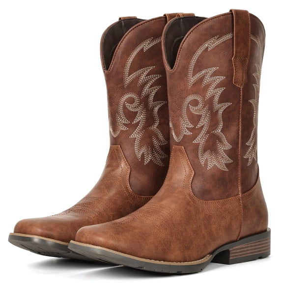 IUV Cowboy Boots for Men Square Toe Pull-On Western Boots with Classic Embroidery, Slip & Oil Resistant Outsole, Durable Heel for Stylish Casual, and Country Wear
