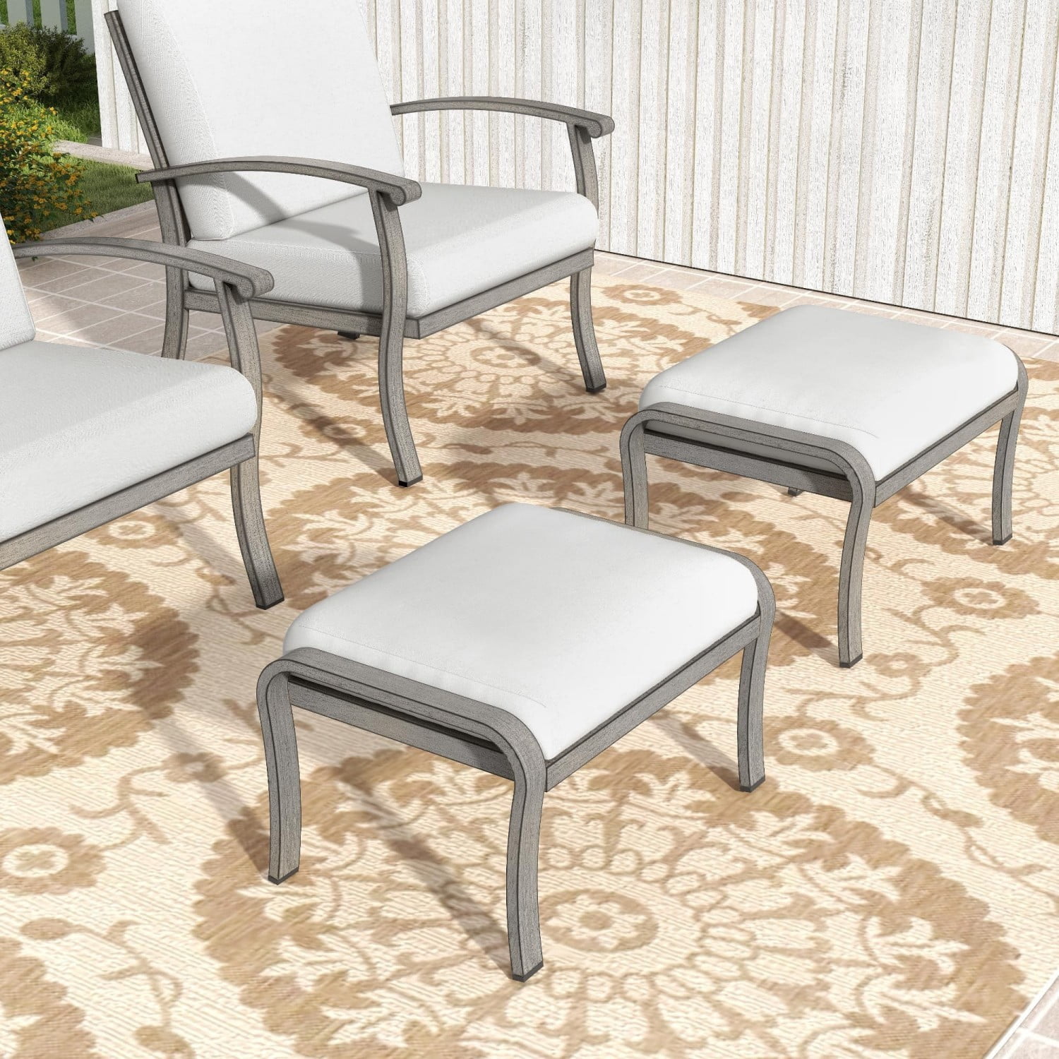 Set of 2 Outdoor Patio Ottomans, Aluminum Footstools with Cushions, Multifunctional Outdoor Seating or Side Table for Balcony, Deck, Backyard, Grey