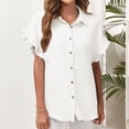 thumbnail image 3 of Camisas de manga corta con volantes para mujer, cuello vuelto, Color puro, cierre de botones, blusa informal de verano, 3 of 6
