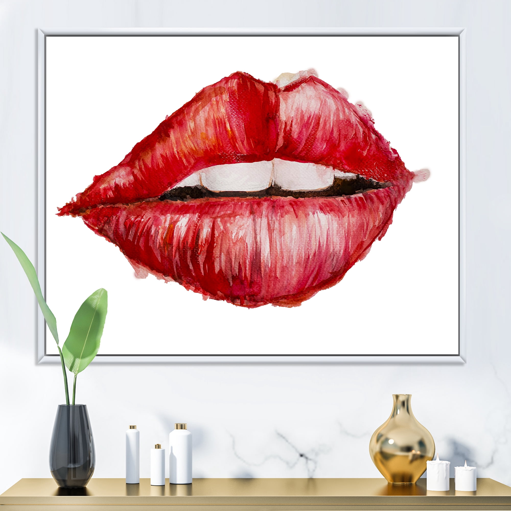 Designart 'Valentines Day Red Female Lips' Modern Framed Canvas Wall Art Print