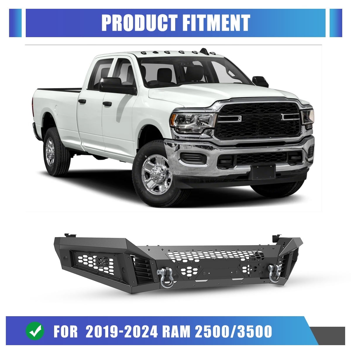 Modular 2 IN 1 Front Bumper + Side Wings For 2019-2024 Ram 2500 3500 Includes a set of 4" pod lights and D-Rings,w/Mounting Hole for Parking Sensors,w/Winch Cable Guide Hole