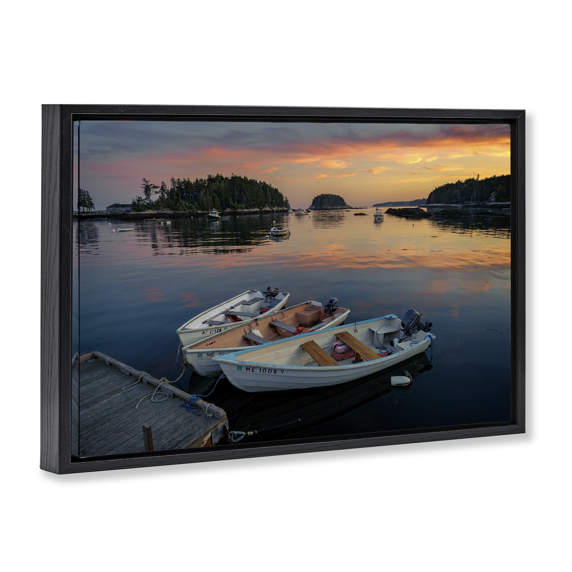 Stupell Industries Three Boats at Sunset Nautical & Beach Photography Black Floater Framed Canvas Art Print Wall Art, 31 x 21