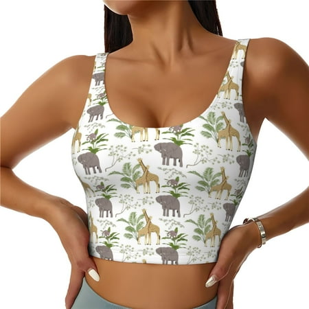 Qokaie Jungle Animal Pattern Womens Scoop Neck Sports Bra Breathable Workout Vest Padded U Back Medium Impact Fitness Gym Yoga Bra Workout Crop Top-Medium