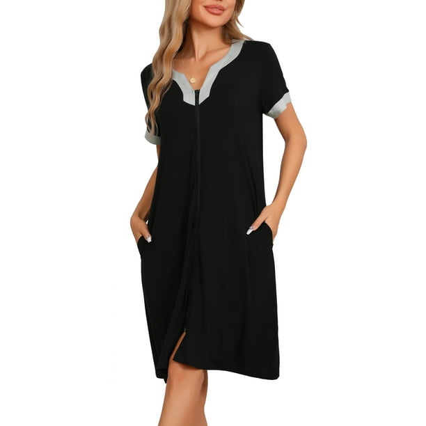 INSPIRAR CHIC INSPIRAR CHIC Bata de Noche con Cierre Frontal para Mujeres, Abrigo de Casa, Mangas Cortas, Ropa de Dormir, Ropa de Estar con Bolsillos, Color Negro