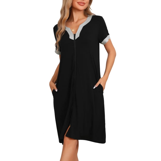INSPIRAR CHIC INSPIRAR CHIC Bata de Noche con Cierre Frontal para Mujeres, Abrigo de Casa, Mangas Cortas, Ropa de Dormir, Ropa de Estar con Bolsillos, Color Negro
