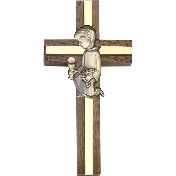 4 x 2 inch Communion Boy Cross, Walnut w/ Antique Gold inlay