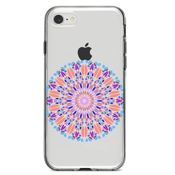 DistinctInk Clear Shockproof Hybrid Case for iPhone 7 8 SE (2020 Model) 4.7" Screen TPU Bumper Acrylic Back Tempered Glass Screen Protector - Modern Mandala - Blue Peach Purple