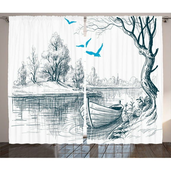 Ambesonne Sketchy Curtains 2 Panel Set, Boat on River Drawing, 108" x 90", White Grey Blue