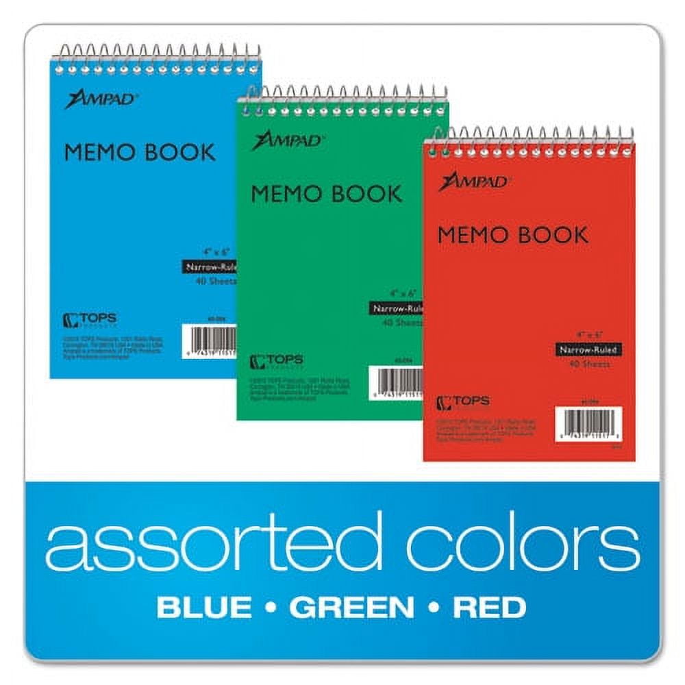 Memo Pads, Narrow Rule, Assorted Cover Colors, 40 White 4 X 6 Sheets, 3/pack | Bundle of 10 Packs