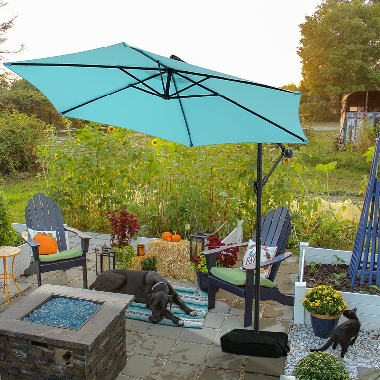 hanging patio umbrella stand 10 ft Solar LED Offset Cantilever Outdoor Market Umbrella-Red your guests Gianna 10ft Offset Hanging Outdoor