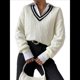 thumbnail image 3 of Suéteres Holgados con Cuello en V para Mujer, Jersey de Punto de Larga, Suéter Grueso A Rayas, Blusas Casuales de Tenis Tipo Túnica L, 3 of 8