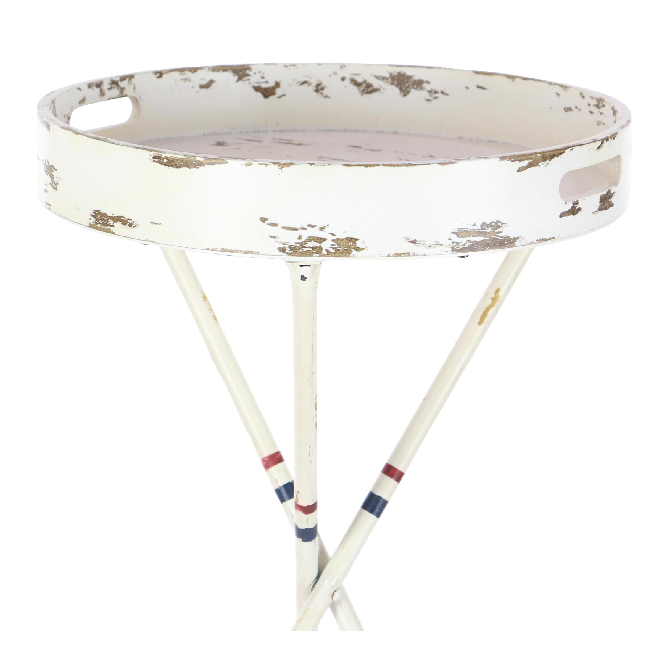 DecMode 16" x 28" White Metal Distressed Striped Paddle Accent Table with Navy and Red Striped Oar Legs, 1-Piece