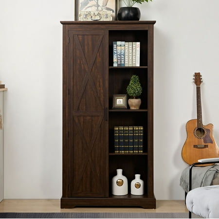 Rustic Farmhouse Tall Storage Cabinet Bookcase with Sliding Barn Door Adjustable Shelf Pantry Cupboard Kitchen Organizer Furniture Home Drawer Shelves