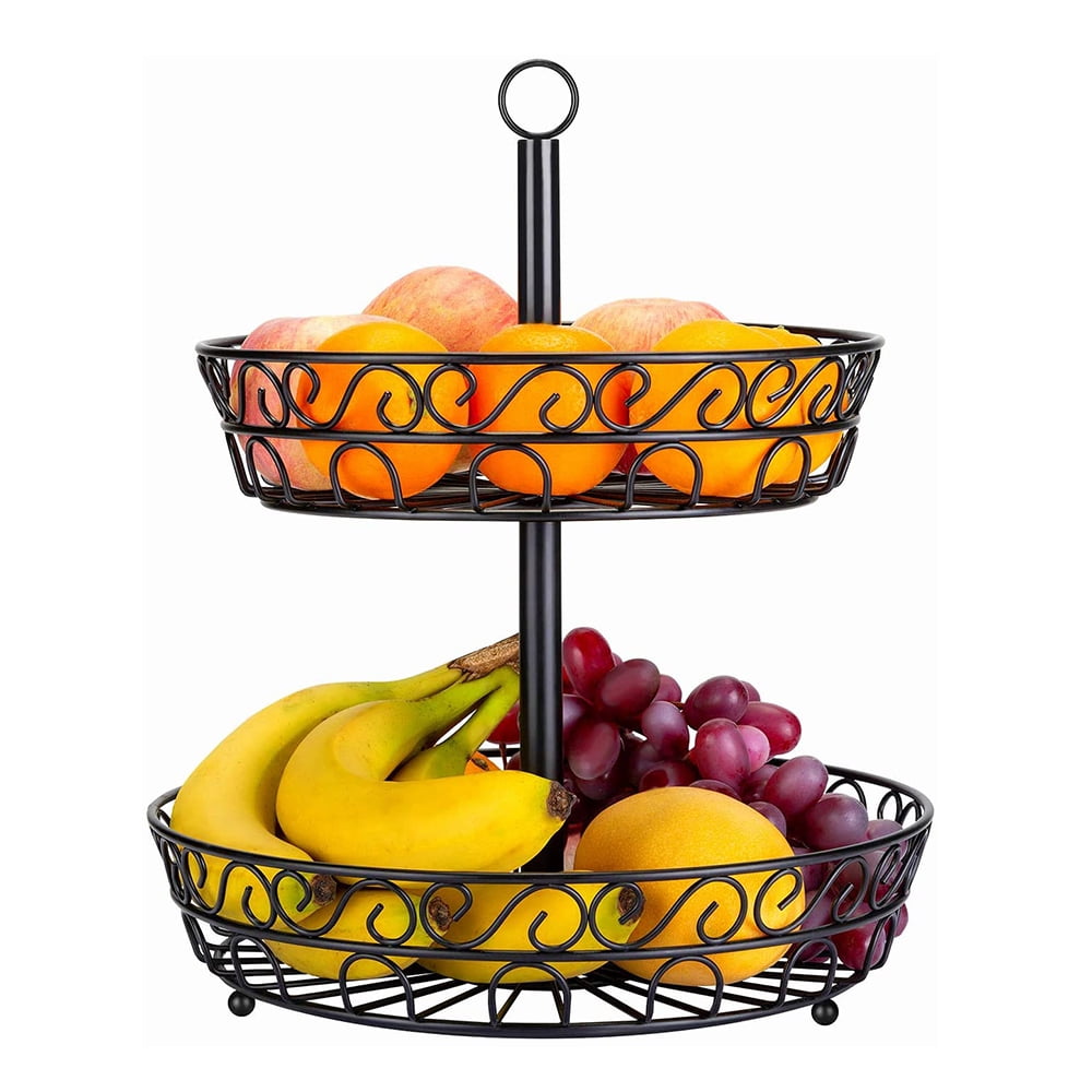 Tabletop 2Tier Countertop Fruit Basket Stand Round Metal Detachable