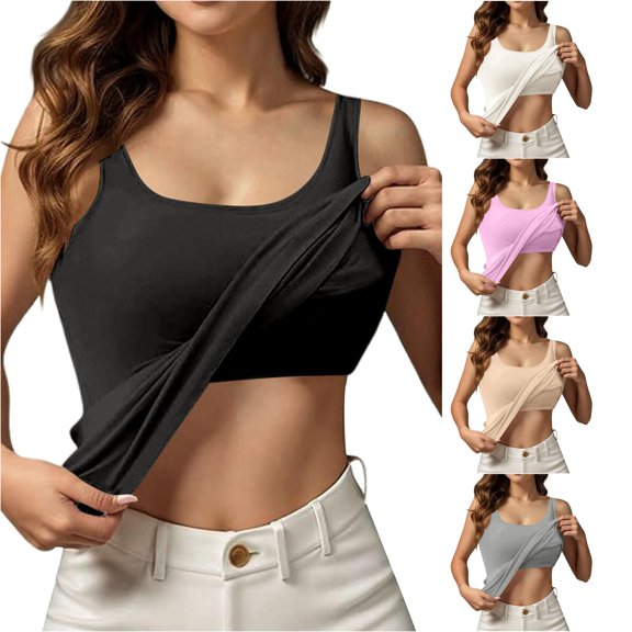ChoXxx Women's Tank Top with Built In Bra Crew Neck Sleeveless Camisole Plus Size Padded Workout Black XXXL
