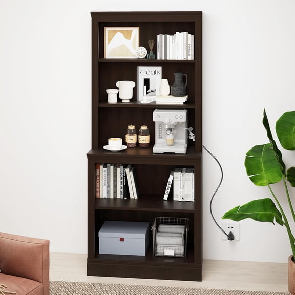 blini Multi-Depth Bookcase 5 Shelf Cherry Wood Bookshelf, 33in Bookcases with Open Shelf Storage,Tall Bookshelves for Library, Living Room, Kids Room, Bedroom, Small Spaces