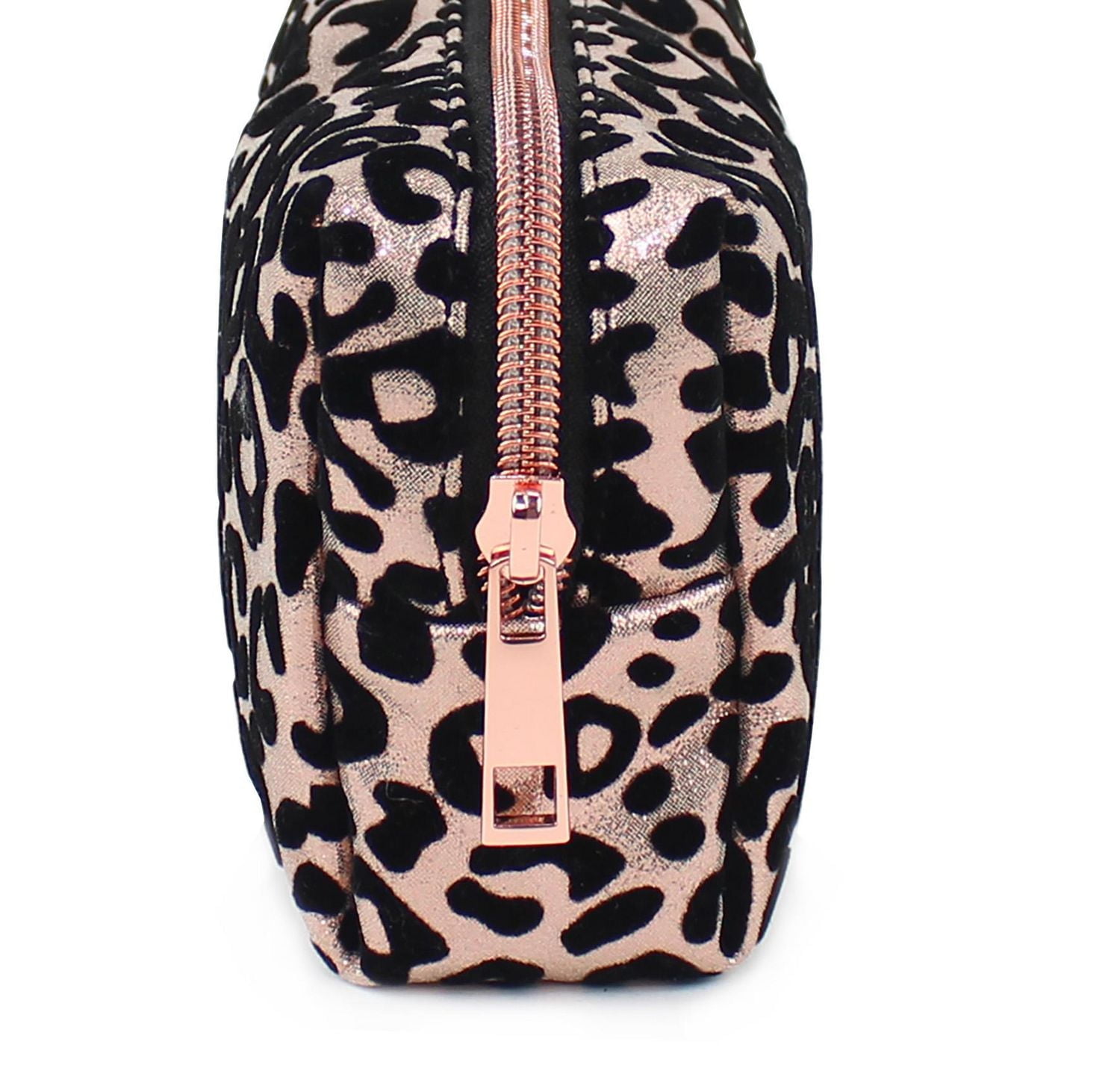 Pen + Gear Flock Leopard Print Pencil Pouch in Black on Metallic Rose Gold