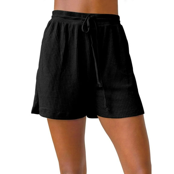 IDALL Shorts for Women Running Shorts Women Summer Ribbed Knit Elastic Drawstring Waist Casual Beach Shorts Pockets Yoga Shorts Womens Shorts Casual Black L