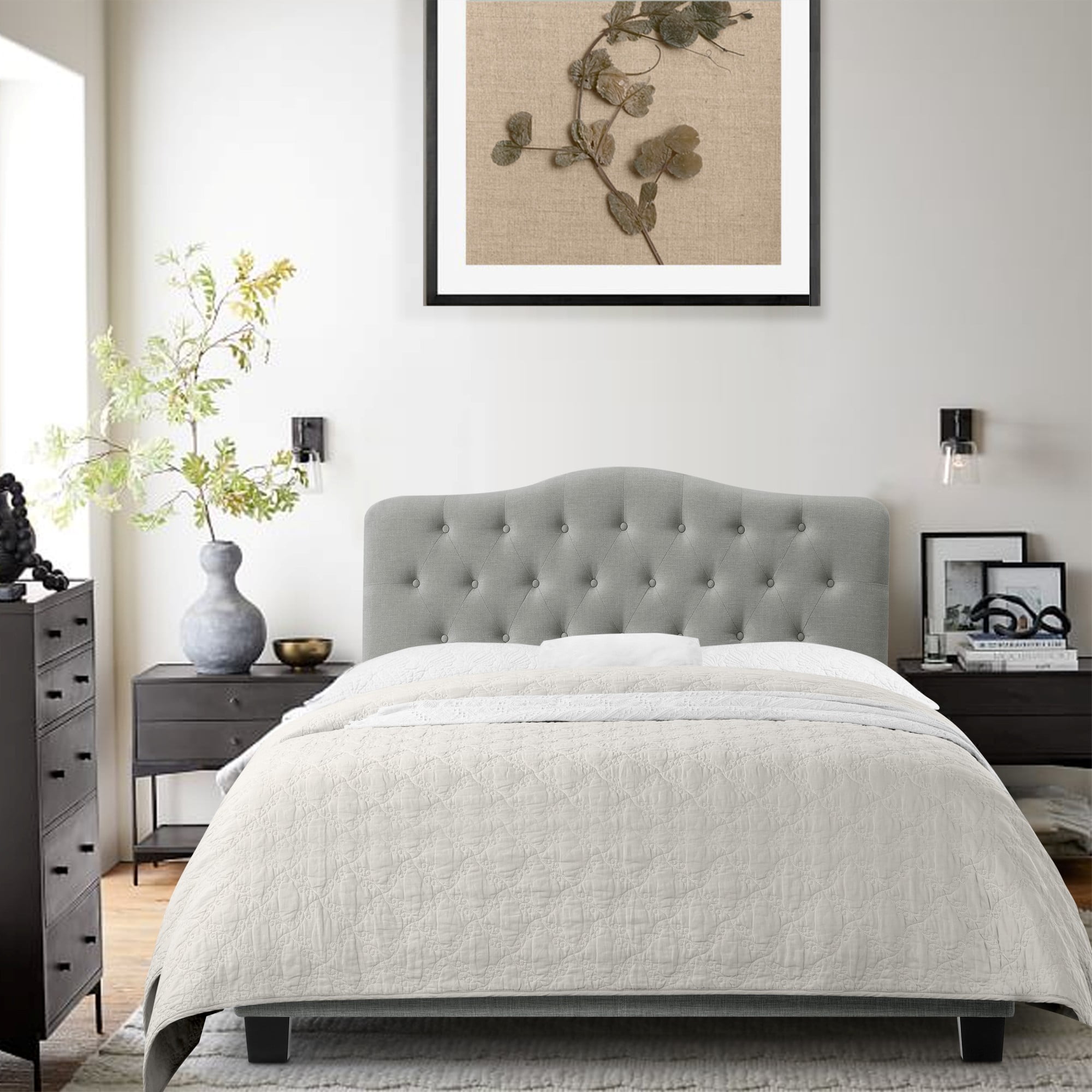 Gewnee Gray Queen Platform Bed,Linen Fabric Padded Headboard,Solid Wood Slat Support & Sturdy Construction,Ideal for Bedroom,Box Spring Required