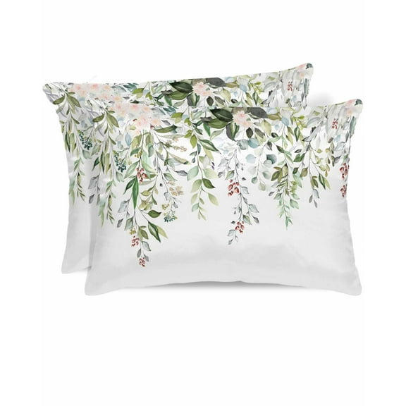 Hokiten Pillow Cases Queen Size Set of 2, Couch Pillow Covers, Sage Green Eucalyptus Satin Pillowcases with Zipper for Hair/Skin, Pillow Protector Cover, Aesthetics Floral Farm Foliage 20x30 Inches