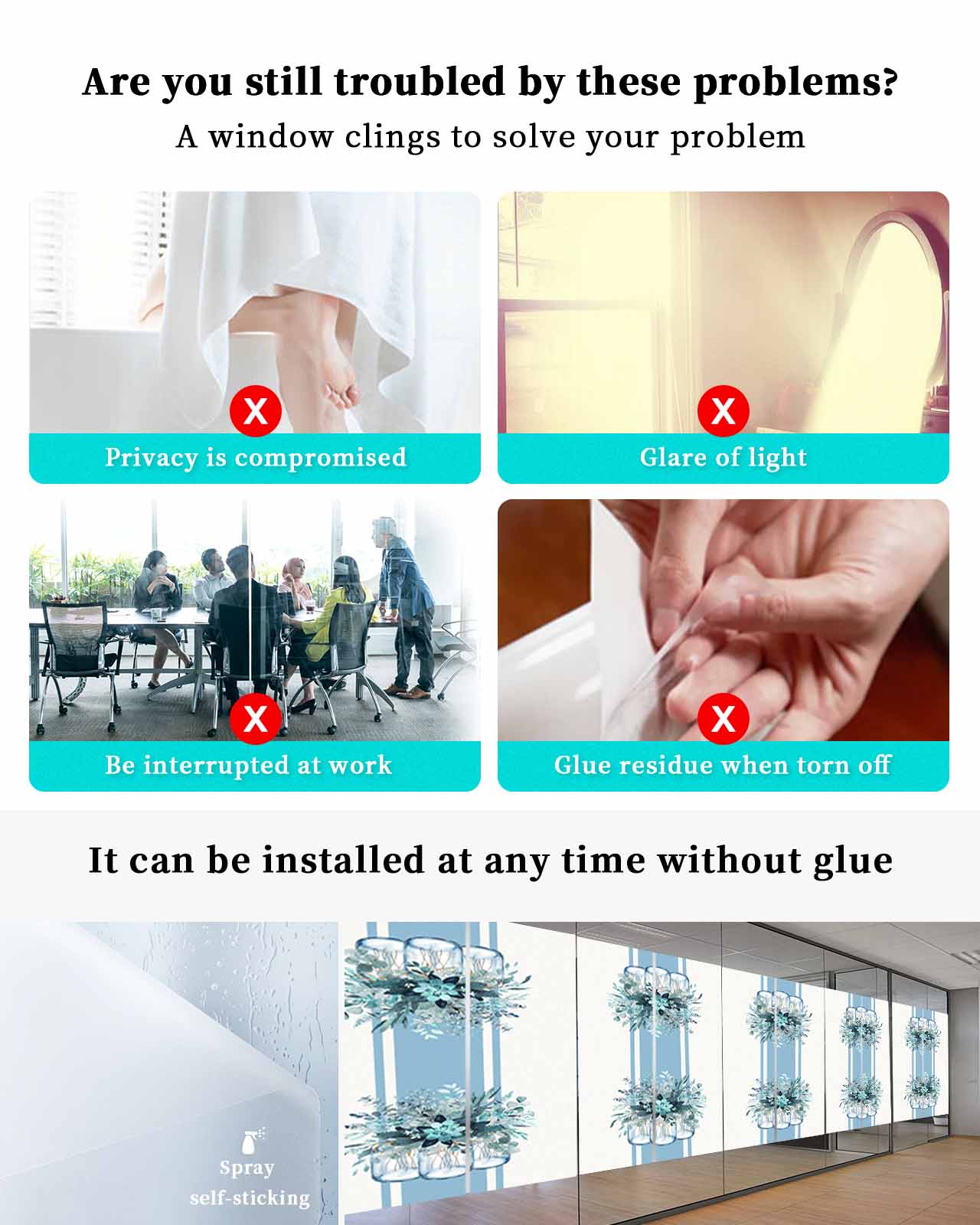 Window Privacy Film, Blue Eucalyptus UV Sun Blocking Window Tint Film Heat Control One Way Blackout Window Film, Spring Summer Floral Leaves Botanical Flowers Non Adhesive Static Cling 17.7x39.3 In