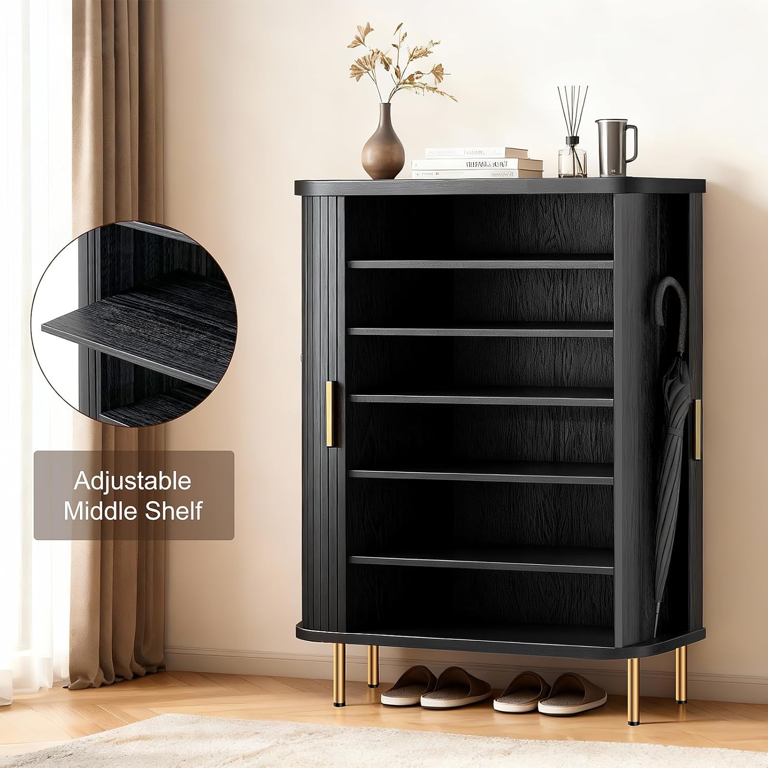 Shoe Storage Cabinet with Sliding Door, 6-Tier Shoe Cabinet with Adjustable Shelves, Mid-Century Modern Freestanding Shoe Storage Organizer for Entryway, Hallway, Living Room (Black)