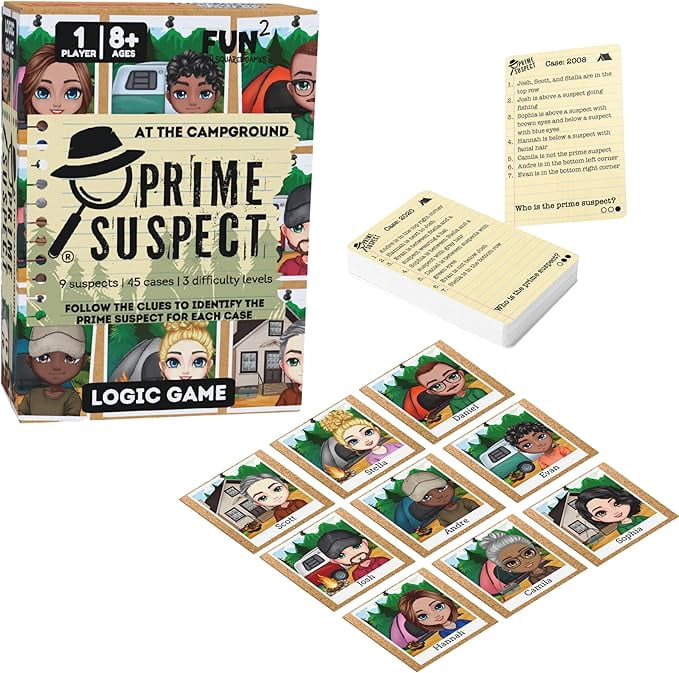 Prime Suspect – Logic Game with 45 Case Cards | Single Player or Group Play | Ages 8+ | Compact Brain Teaser Game | 5 Collectible Editions (Prime Suspect: at The Campground)