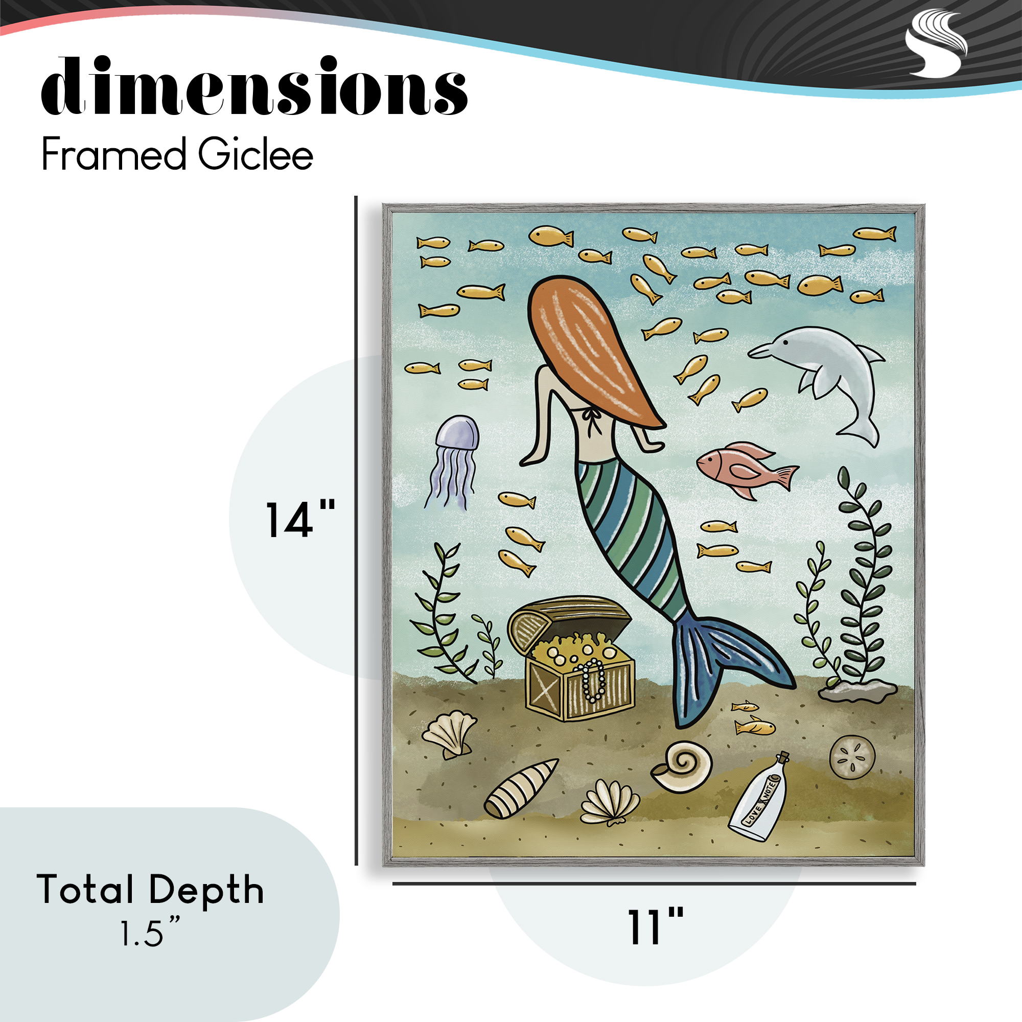 Mermaid Treasure Love Note Gray Framed Giclee Art, design by Jennifer Stith