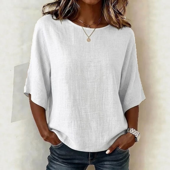HongQid Linen Blend Tunic Tops For Women Round Neck Elbow Sleeve Casual Blouse Lightweight Loose Fit Shirts For Women