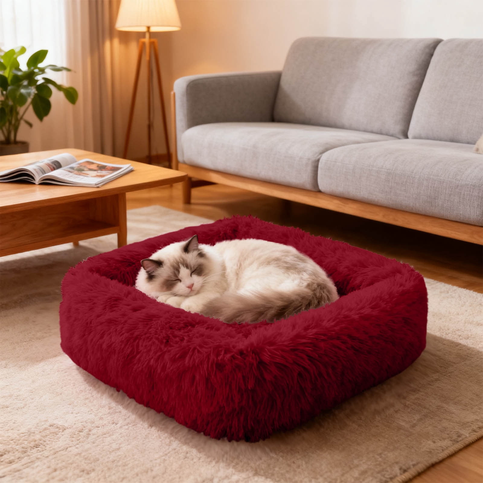 Ultra Soft Calming Cat Bed Dog Bed,Fluffy Plush Washable Anti-Anxiety Pet Bed for Dogs Cats,Cozy Sleeping Cushion with -Resistant Bottom for Comfort and Warmth(25.98*21.65Inch)