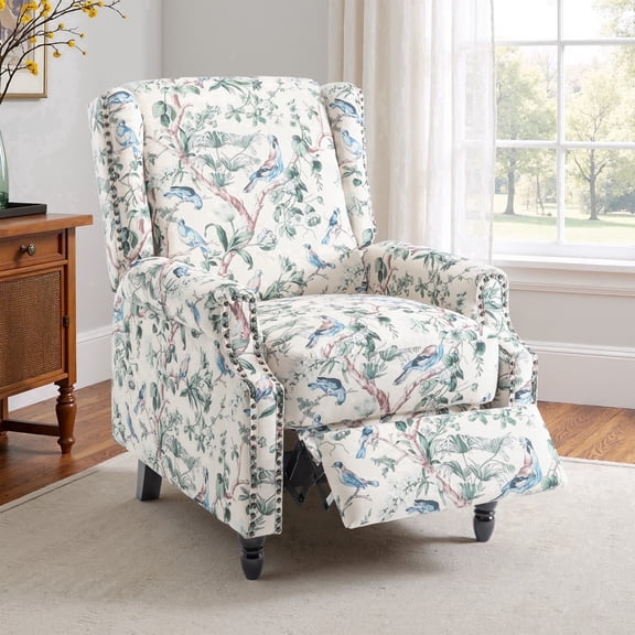 DREAMSIDEA Push Back Recliner Chair Living Room, Wingback Reclining Sofa Chair, Fabric Floral Recliner Reading Chair with Footrest for Living Room/Office/Apartment, Bird