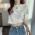 thumbnail image 2 of 2022 Cropped Navel Shirt Ruffle Top Blouses Strawberry Embroidery Shirts Short Sleeve Slim fit Tees Street Women Clothing, 2 of 6
