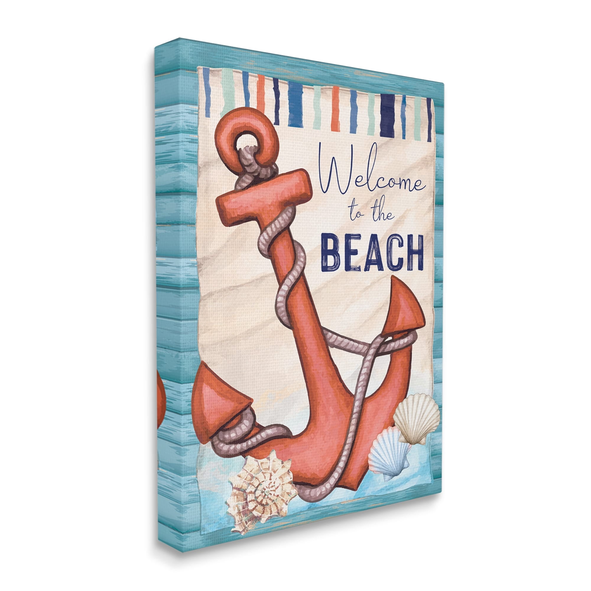 Stupell Welcome To Beach Nautical Anchor Stripes Landscape Painting Gallery Wrapped Canvas Print Wall Art