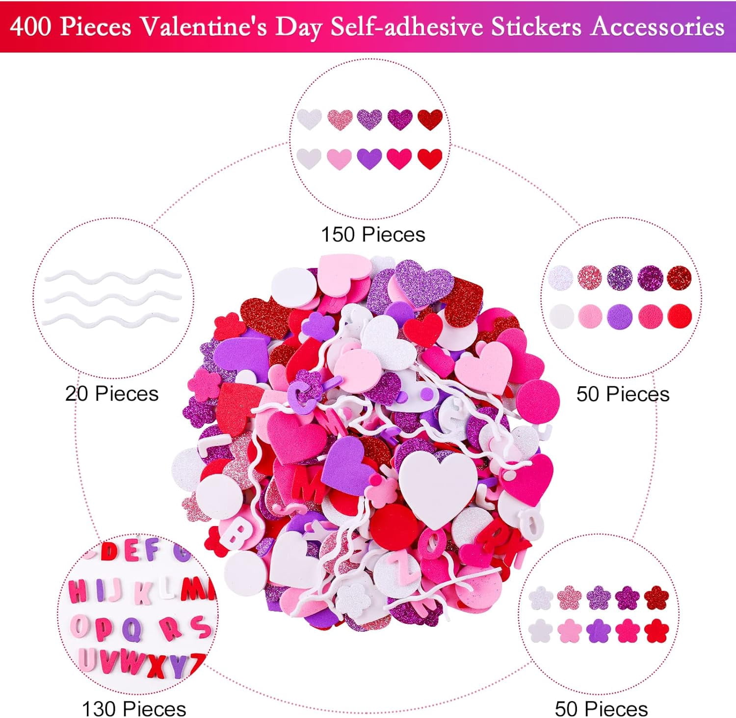 Valentines Hearts Foam Craft Set Include Colorful Hearts Foam and Self-Adhesive Heart Foam Stickers for Valentine's Day Craft DIY Supplies, Red