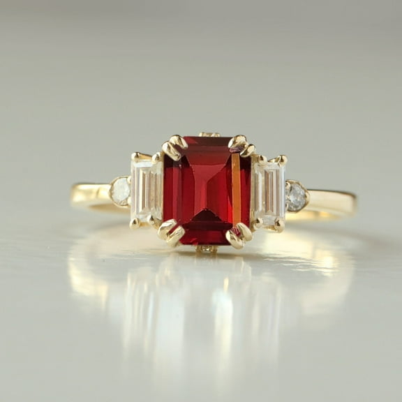 Garnet Vintage Ring, Baguette Diamond Ring, Yellow Plated 925 Silver Ring, Anniversary Gift For Women, Delicate Birthstone Ring