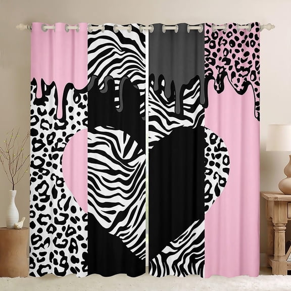 Leopard Print Blackout Curtains Pink Black Cheetah Zebra Sweetheart Curtains for Bedroom Living Room Boys Love Heart Darkening Dreapes Animal Theme Window Treatments 53"W x 84"L (Pack of 2)