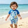 thumbnail image 2 of Landzoo Boys Swim Wear Graphic Print Short Sleeve Crew Neck One Piece Onesie Summer Cozy Soft Toddler Kids Boys Jumpsuits Size 9-12 Months Sky Blue, 2 of 9