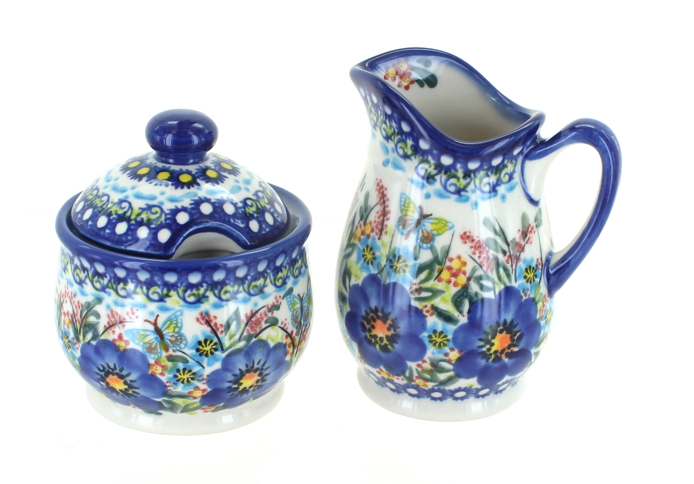 Blue Rose Polish Pottery Summer Garden Sugar Bowl & Creamer Set 