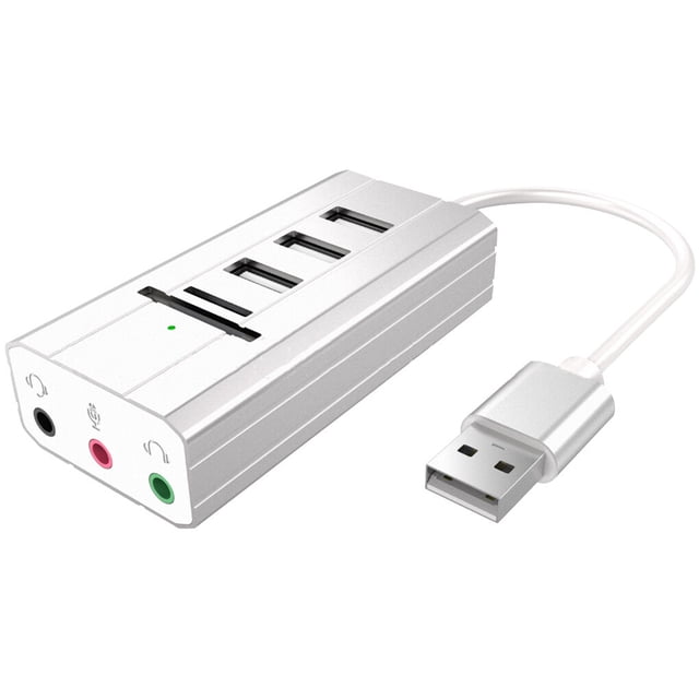 Seitruly Nuevo USB Hub Tarjeta de sonido externa Lector de tarjetas TF USB 2.0 Splitter Micrófono Adaptador de auriculares, gris Cables de computadora Plata