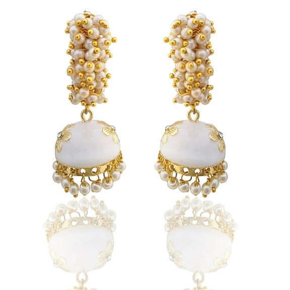 Moonstruck Indian Traditional Golden Meenakari Alloy Jhumkas with White Pearls for Women (White)