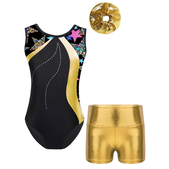 Hansber Kids Girls Gymnastics Training Leotard with Metallic Shorts Set Ballet Dance Unitard Yoga Gold 4