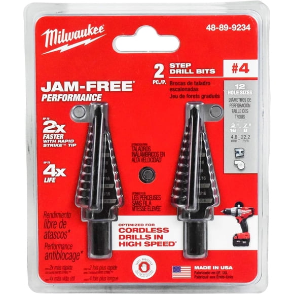 Milwaukee Electric Tool 48-89-9234 Step Drill Bit, 3/16-7/8 Hole ", 4 Steps, 1/16" D Step, 2 Flutes, 1/4" 3-Flat, Hexagonal Shank