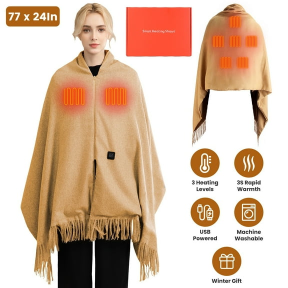 77"x24" Electric Heated Throw Blanket Portable USB Heated Shawl Wearable Heating Blanket with Zipper 3 Heating Levels Machine Washable Brown