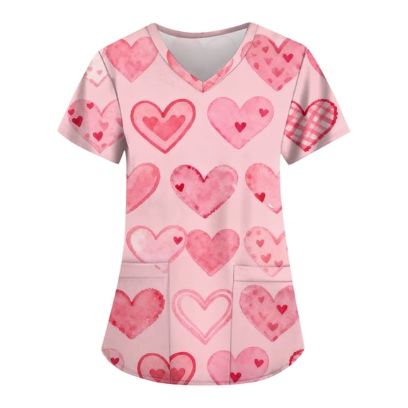 Garbnen Valentines Scrub Tops Women Love Heart Graphic Short Sleeve V Neck Work Shirts for Women Spring Summer Stretch Scrubs Women with Pocket