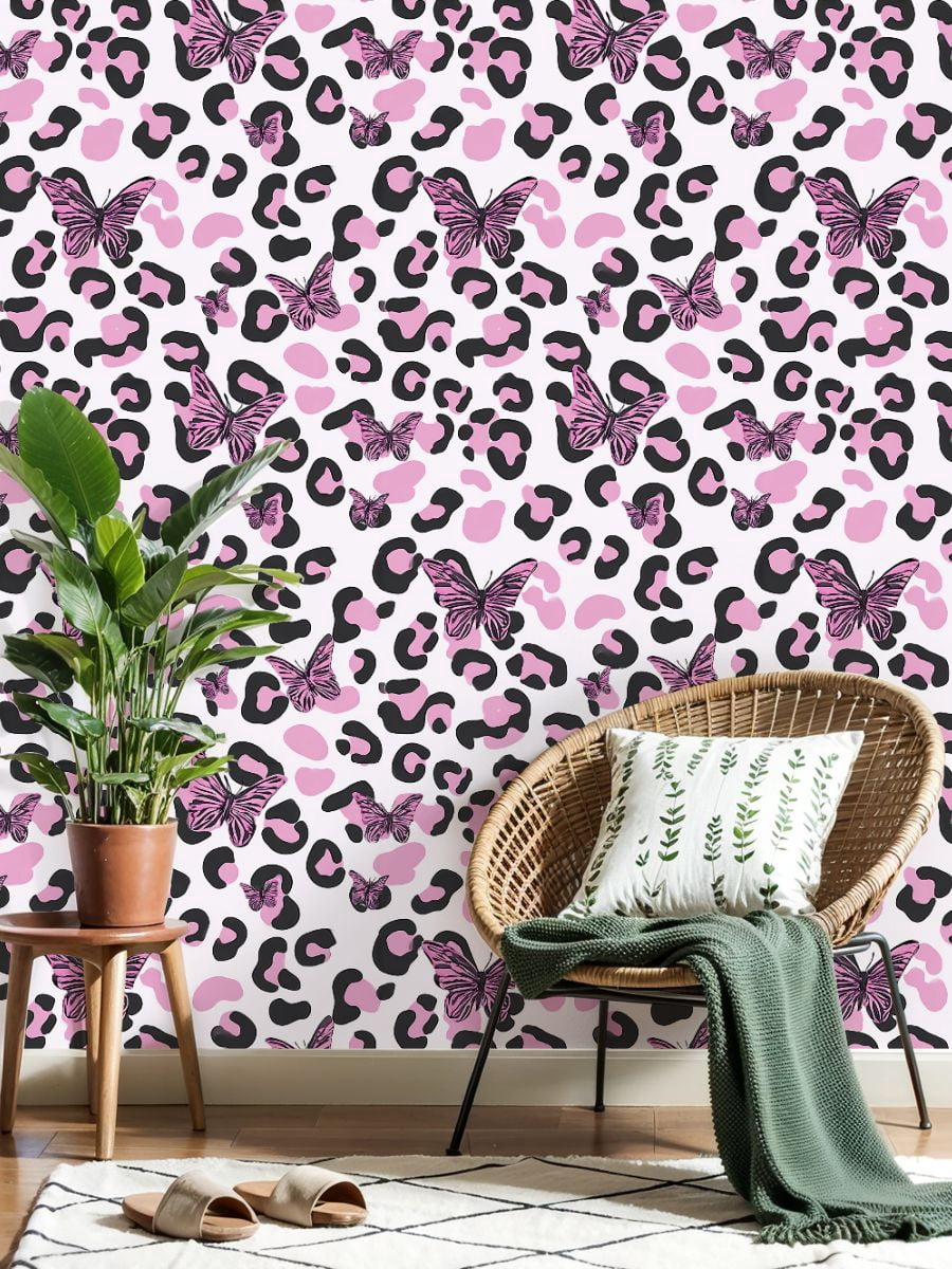 Peel and Stick Wallpaper Pink Black Leopard Print Pink Butterflies Botanical Wall Mural 17.7in x 9.8ft Self Adhesive Removable Wall Paper Renter Friendly Wallpaper for Nursery Bedroom Cabinets